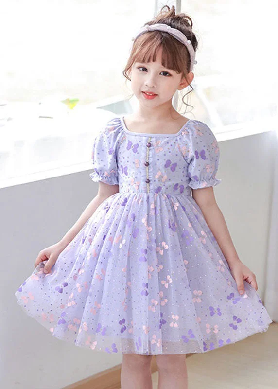 DIY Purple Square Collar Wrinkled Print Patchwork Tulle Baby Girls Dresses Summer Tulle Dress Style