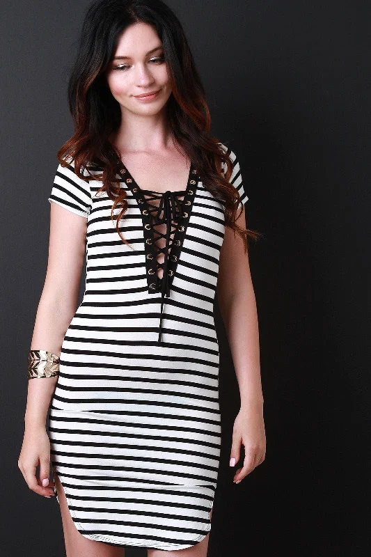 Striped Deep V Lace Up Tee Shirt Dress Loose Shirt Dress