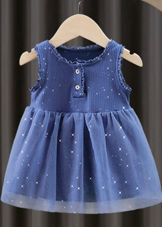 Unique Blue Ruffled Button Patchwork Tulle Kids Girls Dresses Sleeveless Tulle Dress Puff