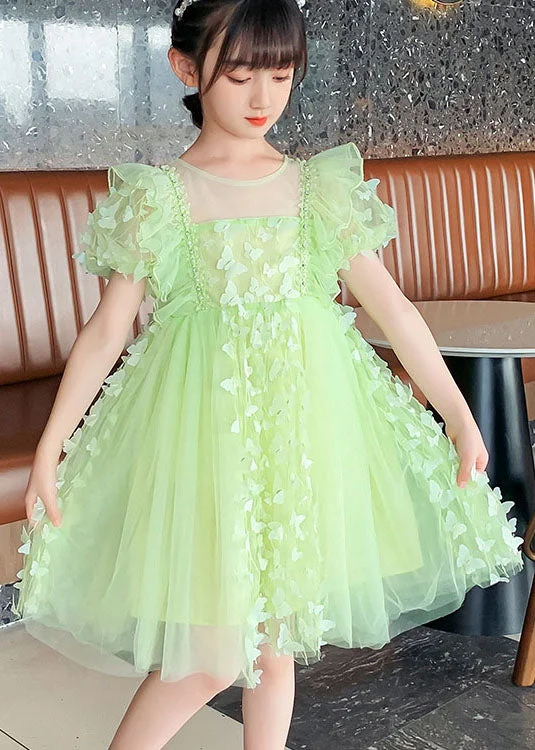 DIY Green Ruffled Butterfly Patchwork Tulle Kids Girls Mid Dress Summer Bohemian Tulle Dress