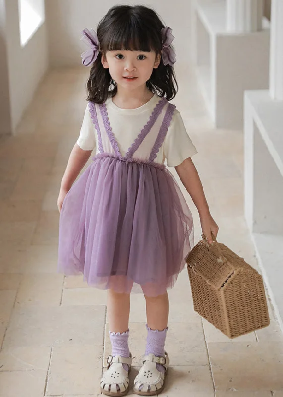 Purple O-Neck Tulle Girls Vacation Mid Dresses Short Sleeve Off-shoulder Tulle Dress