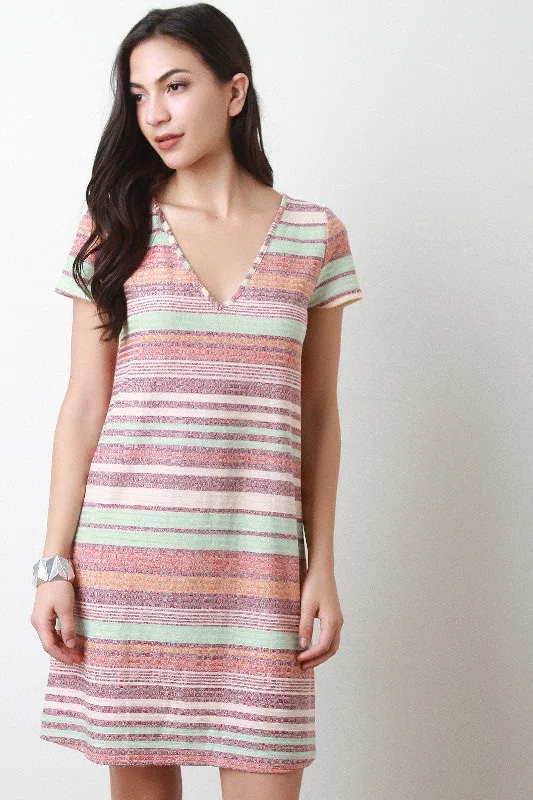 Deep V Striped Tee Shirt Dress Fashionable Shirt Dress