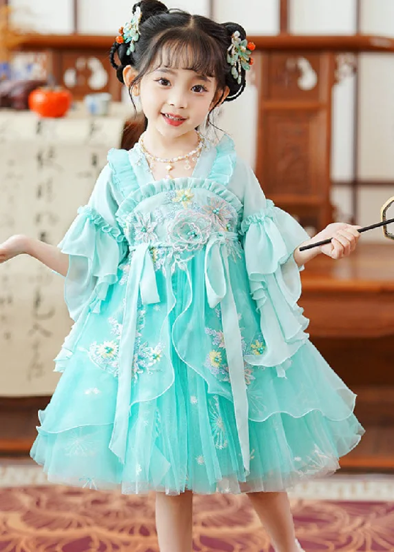 Fine Green Embroideried Patchwork Tie Waist Tulle Baby Girls Mid Dress Flare Sleeve A-line Tulle Gown