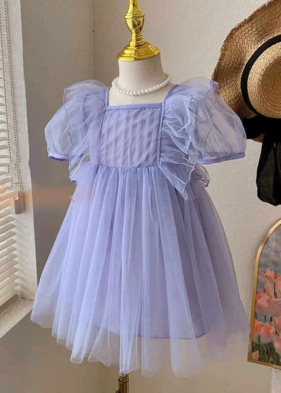 Boutique Purple Ruffled Patchwork Tulle Baby Girls Princess Dress Summer Long Sleeve Tulle