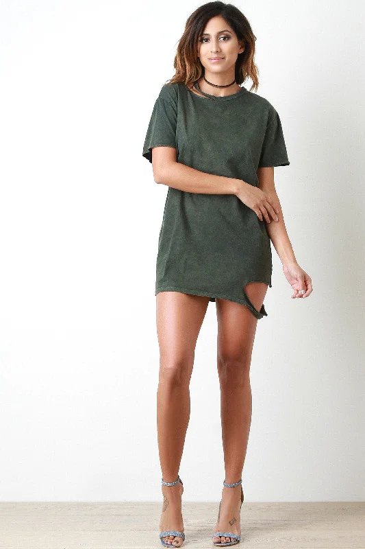 Mineral Washed Distress T-shirt Dress Feminine Shirt Dress