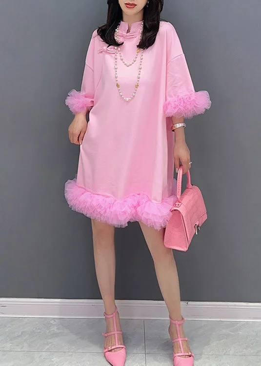 Fashion Pink Tulle Patchwork Solid Mid Dresses Summer Tulle Evening Dress