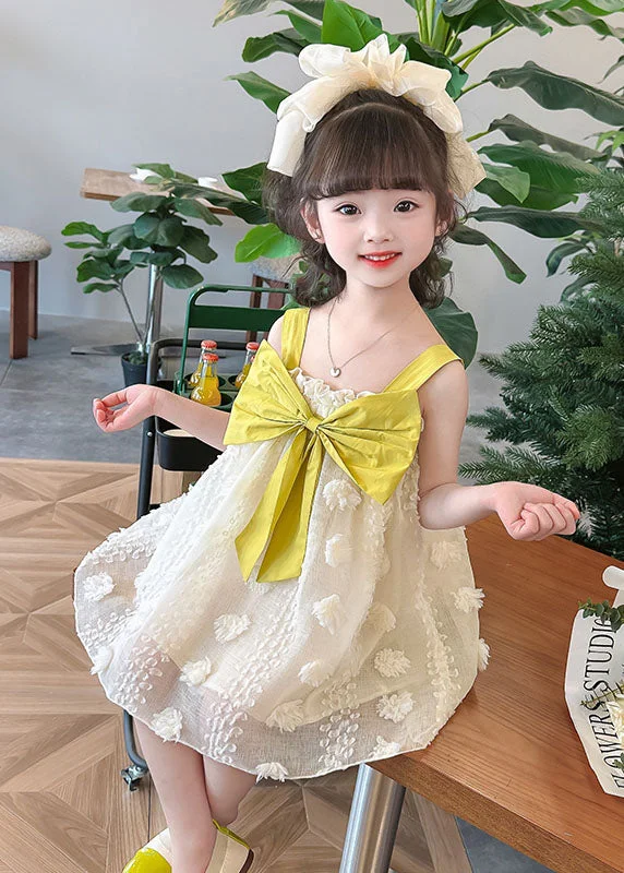 Boutique Yellow Ruffled Bow Patchwork Tulle Kids Girls Long Dress Summer Tulle Dress Fit