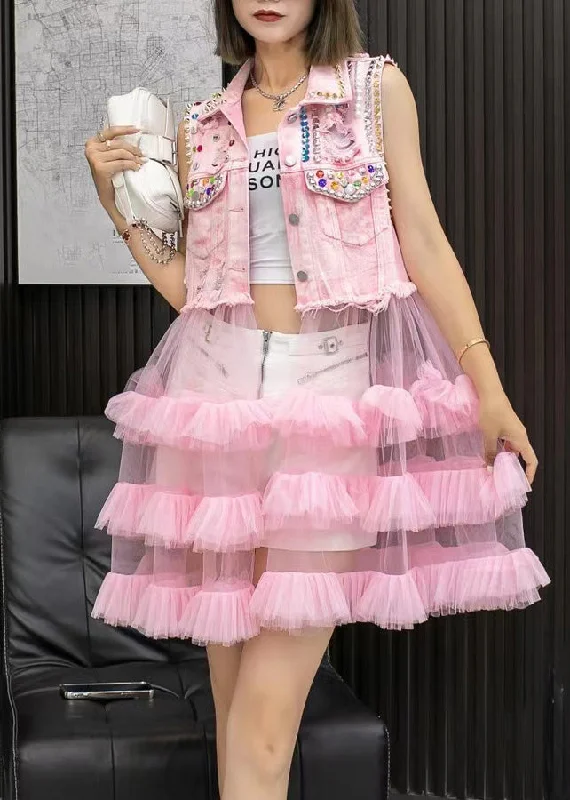 Chic Pink Denim Waistcoat Patchwork Tulle Mid Dresses Sleeveless Casual Tulle Dress