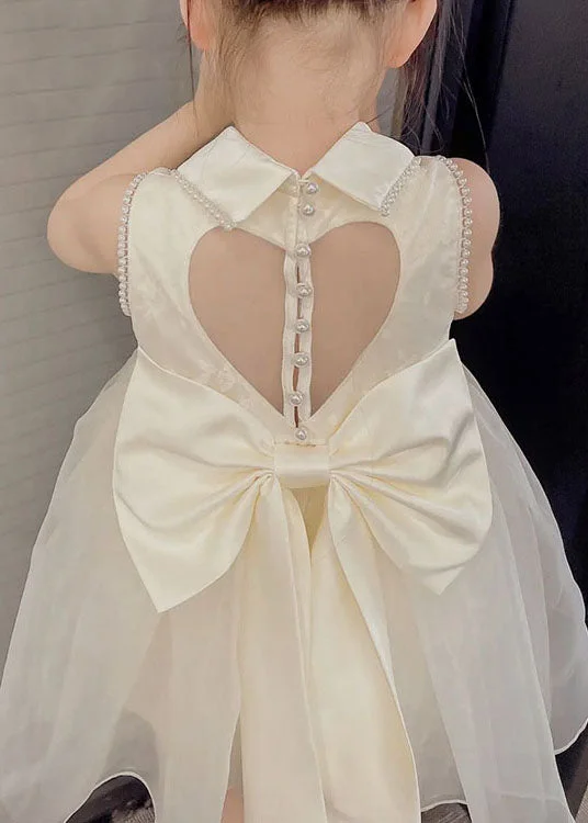 Simple White Peter Pan Collar Nail Bead Patchwork Tulle Kids Girls Dresses Sleeveless Tulle Dress Sparkling