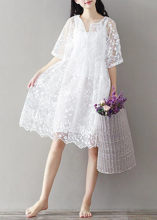 Bohemian White Embroideried Lace Patchwork Tulle Mid Dress Summer Tulle Dress Style