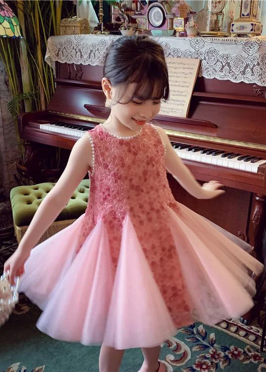 Elegant Pink Bow Nail Bead Patchwork Tulle Baby Girls Princess Dresses Sleeveless Ruffled Tulle Dress