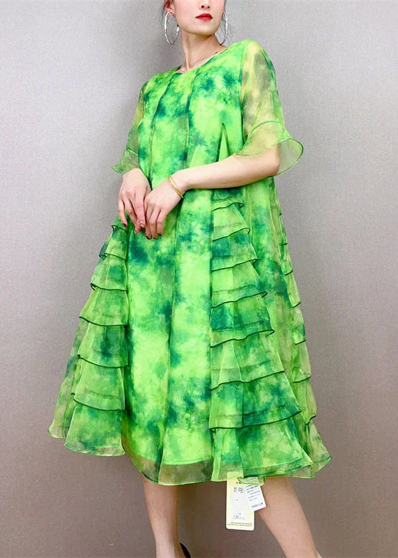 Art Green O-Neck Ruffled Patchwork Tulle Mid Dress Summer Sequin Tulle Dress