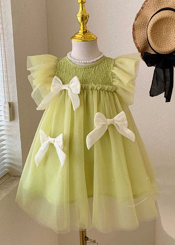 Beautiful Green Ruffled Bow Patchwork Tulle Kids Girls Princess Dress Summer Tulle Dress Simple