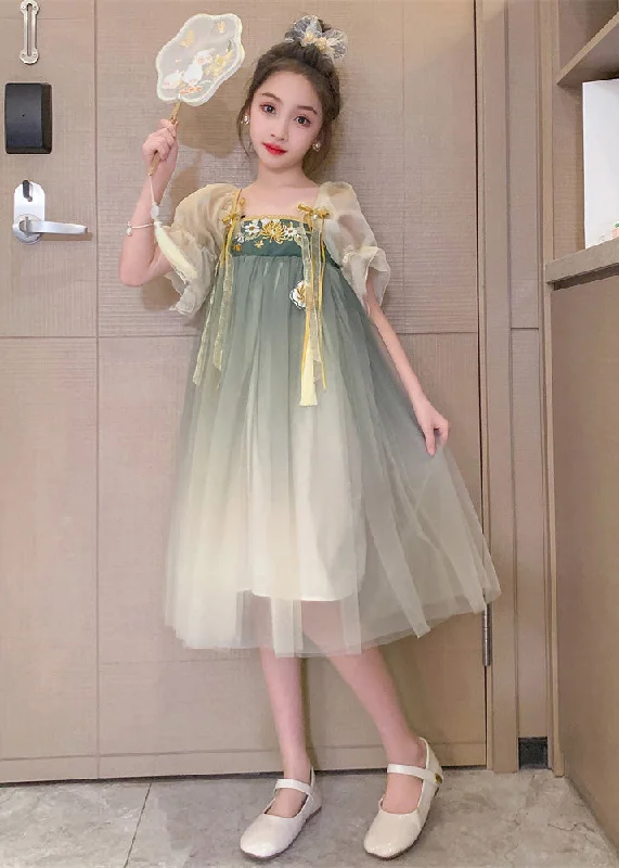 Cute Grey Green Square Collar Embroideried Patchwork Wrinkled Tassel Tulle Kids Girls Maxi Dresses Short Sleeve Party Tulle Dress