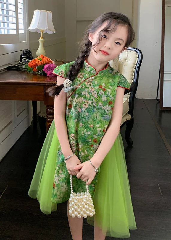 Chinese Style Green Mandarin Collar Patchwork Tulle Chiffon Kids Girls Mid Dress Summer Short Tulle Dress