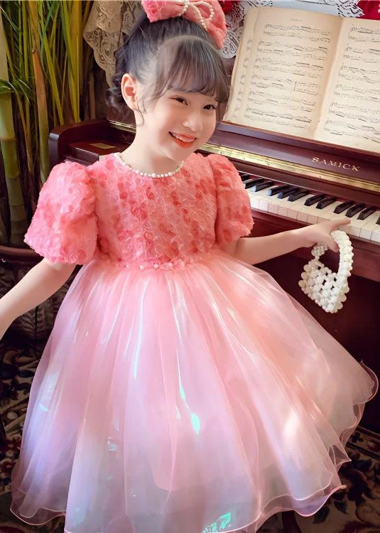 Stylish Pink O-Neck Nail Bead Patchwork Tulle Baby Girls Dresses Summer Tulle Party Gown