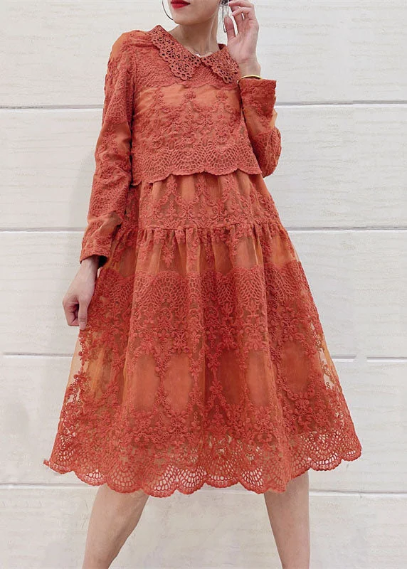 Italian Orange Peter Pan Collar Embroideried Patchwork Tulle Dresses Long Sleeve Ruffled Tulle Dress