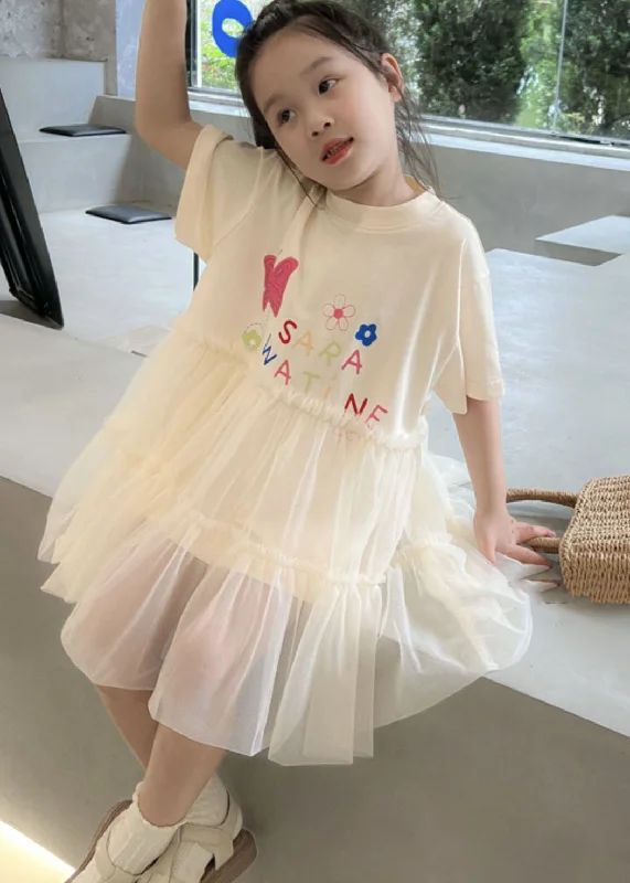 Casual White O Neck Ruffled Patchwork Tulle Kids Girls Dresses Summer Tulle Dress Fluffy