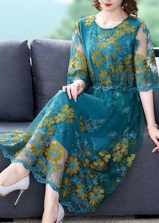 Boutique Peacock Blue Embroideried Slim Fit Tulle Dress Half Sleeve Fluffy Tulle Dress