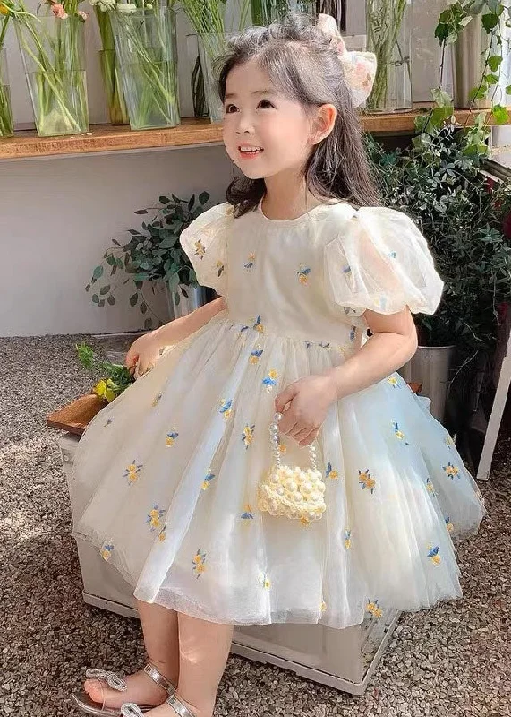 Fashion Beige Embroideried Wrinkled Patchwork Tulle Kids Girls Dress Summer Tulle Party Gown