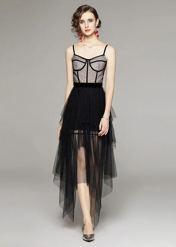 Style Black Asymmetrical Patchwork Tulle Spaghetti Strap Dress Summer Elegant Tulle Gown