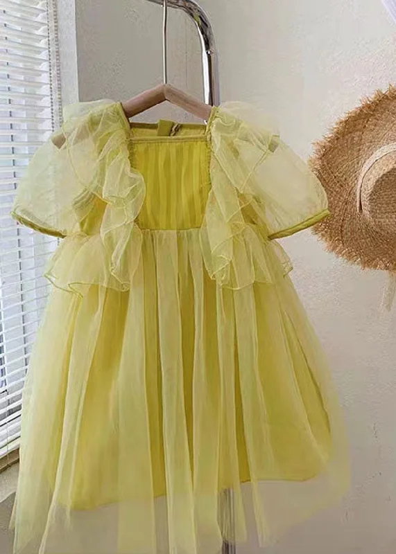 Yellow Patchwork Tulle Baby Girls Princess Dresses Wrinkled Summer Tulle Dress Sparkle