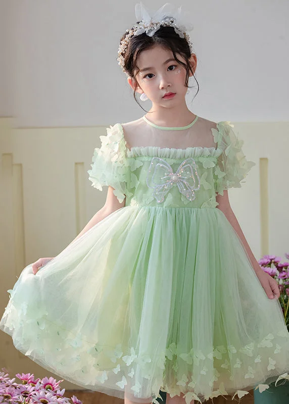 Art Grass Green Butterfly Hollow Out Tulle Kids Girls Dress Summer Tulle Dress Sleek