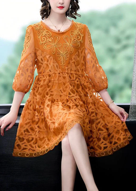 Style Orange Embroideried Patchwork Tulle Mid Dress Summer Floor-length Tulle Dress