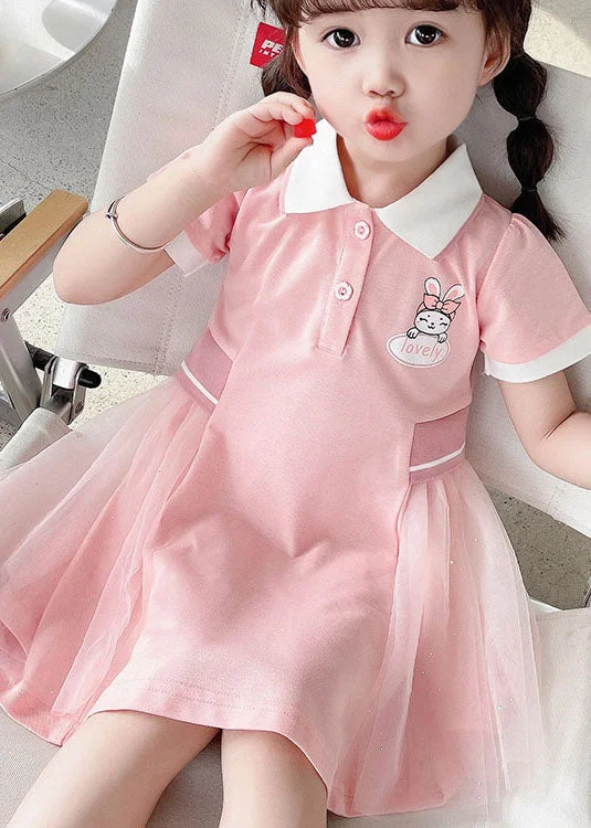 Casual Pink Peter Pan Collar Tulle Patchwork Cotton Kids Girls Dress Summer Classic Tulle Dress