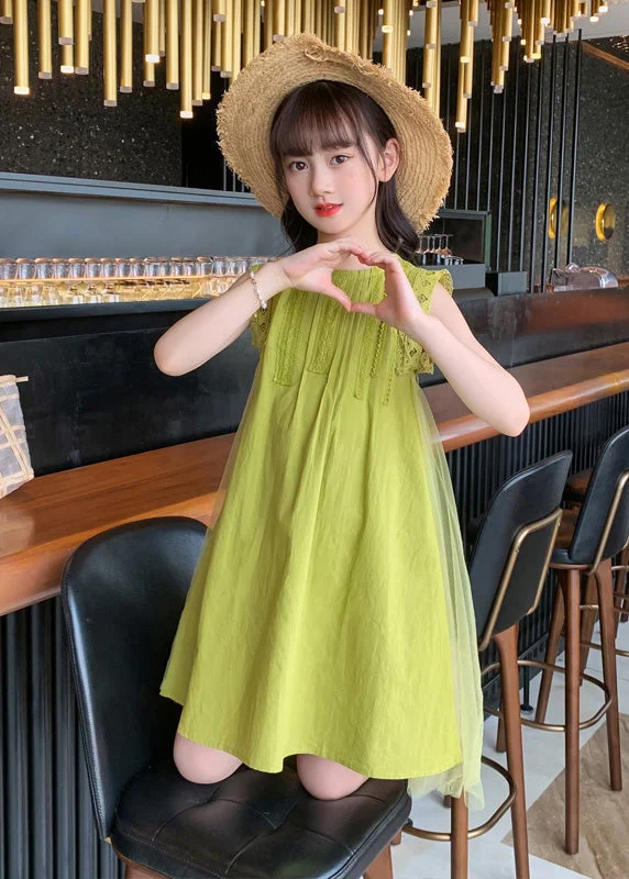 Handmade Green Tulle Patchwork Solid Cotton Kids Mid Dresses Sleeveless Black Tulle Dress