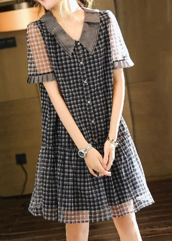 Boutique Black Plaid Ruffled Patchwork Tulle Mid Dresses Summer Tulle Party Dress