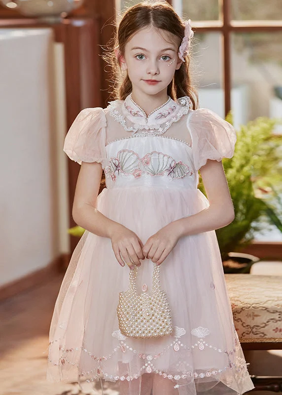 Lovely Pink Stand Collar Embroideried Lace Patchwork Tulle Baby Girls Mid Dress Short Sleeve Elegant Tulle Gown