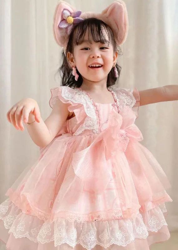 Unique Pink Ruffled Lace Cartoon Print Tulle Baby Girls Princess Dress Summer Tulle Dress Simple