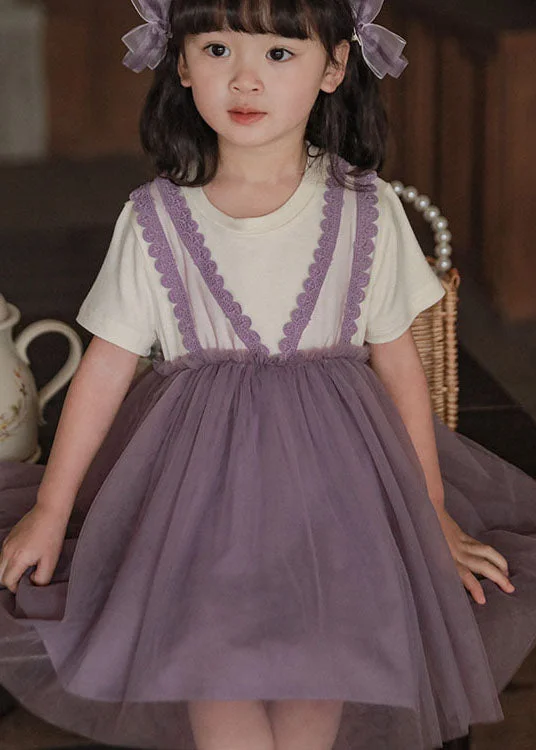 Style Purple Wrinkled Lace Patchwork False Two Pieces Tulle Baby Girls Dress Summer Tulle Dress Sparkly