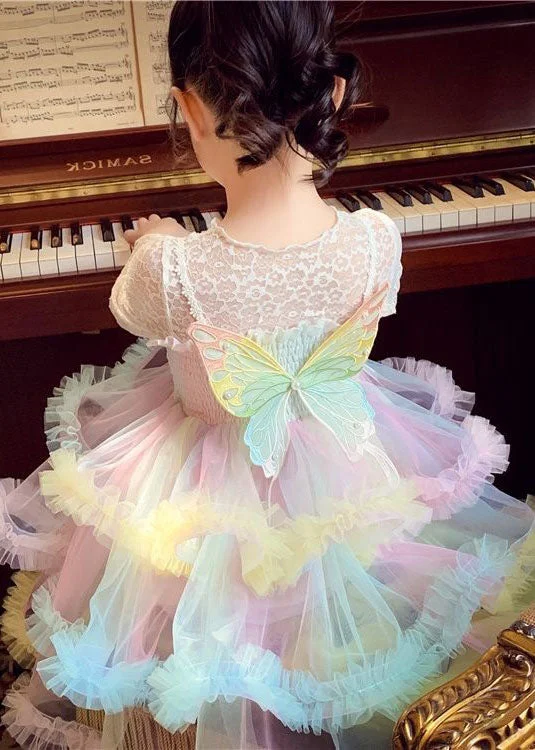 Boutique Rainbow Ruffled Butterfly Patchwork Tulle Kids Girls Dresses Sleeveless Elegant Tulle Dress