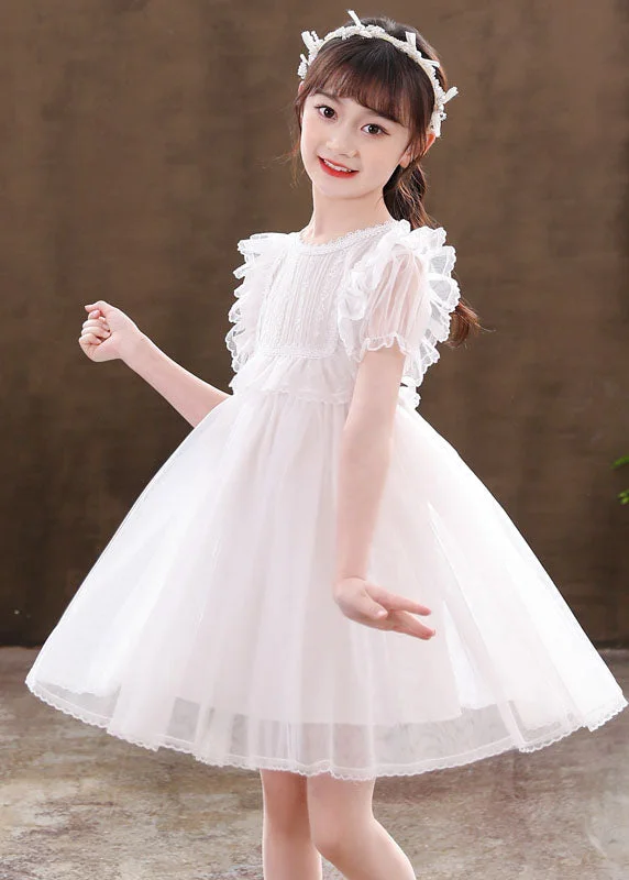 Classy White Ruffled Patchwork Tulle Kids Girls Dresses Summer Formal Tulle Dress