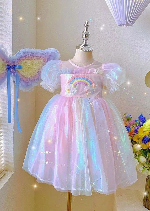 Cute Rainbow Ruffled Patchwork Tulle Baby Girls Dresses Summer Tulle Dress Sparkly