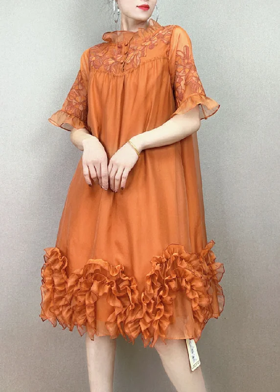 Handmade Orange Ruffled Embroideried Patchwork Tulle Dress Summer Tiered Tulle Dress