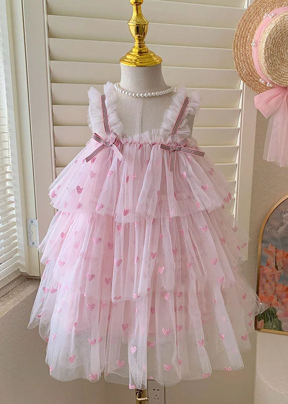 Fine Pink Ruffled Layered Patchwork Tulle Baby Girls Dresses Summer Lace Tulle Dress