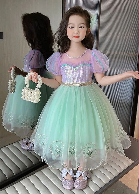 Unique Colorblock Embroideried Patchwork Tulle Kids Girls Long Dresses Summer Casual Tulle Dress