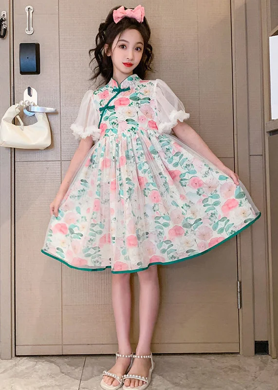 Beautiful Stand Collar Tulle Patchwork Button Girls Mid Dress Summer Tulle Skirt Dress