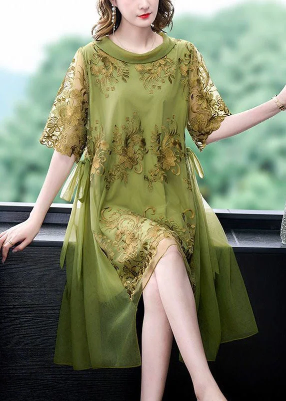 French Green O-Neck Embroideried Tulle Patchwork Silk Dress Summer Tiered Tulle Dress