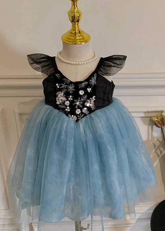 Stylish Blue Embroideried Wrinkled Patchwork Tulle Kids Girls Dress Sleeveless Tulle Bridesmaid Dress