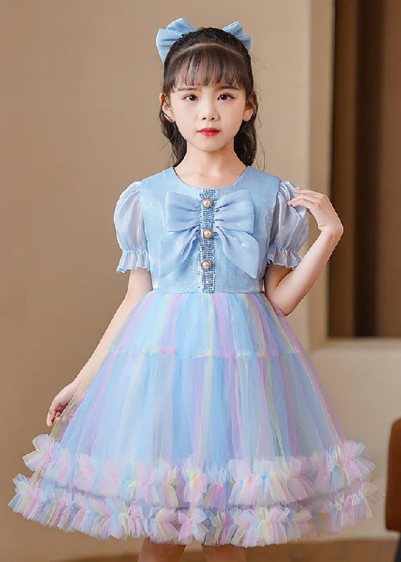 Elegant Blue Puff Sleeve Rainbow Exra Large Hem Tulle Kids Girls Dress Summer Bohemian Tulle Dress