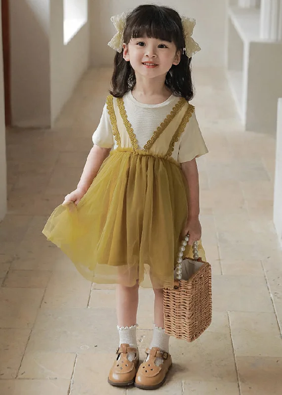 Art Green Ruffled Tulle Patchwork Kids Mid Dress Summer Tulle Dress Glam