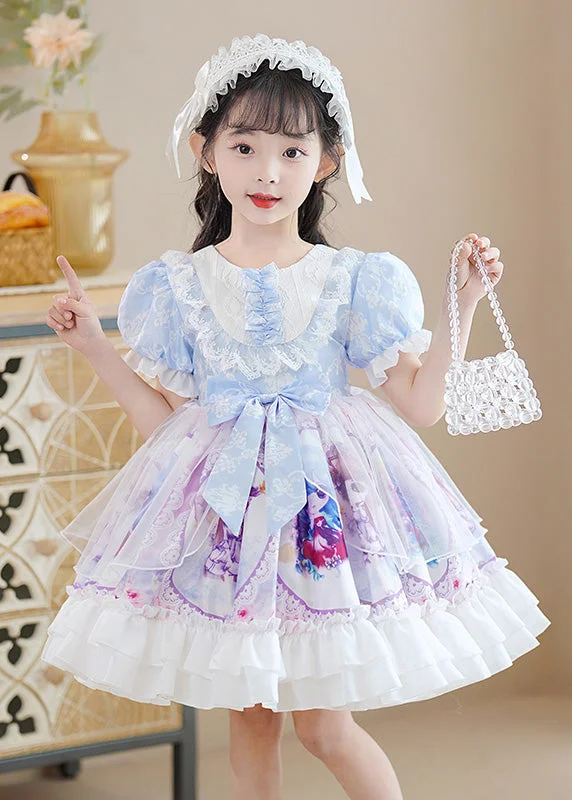 DIY Blue O-Neck Print Patchwork Bow Tulle Girls Mid Dress Puff Sleeve Pink Tulle Dress