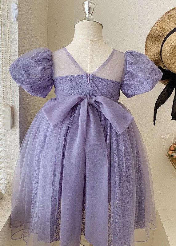 Handmade Purple Wrinkled Nail Bead Bow Patchwork Tulle Kids Girls Dresses Summer Tulle Dress Charm