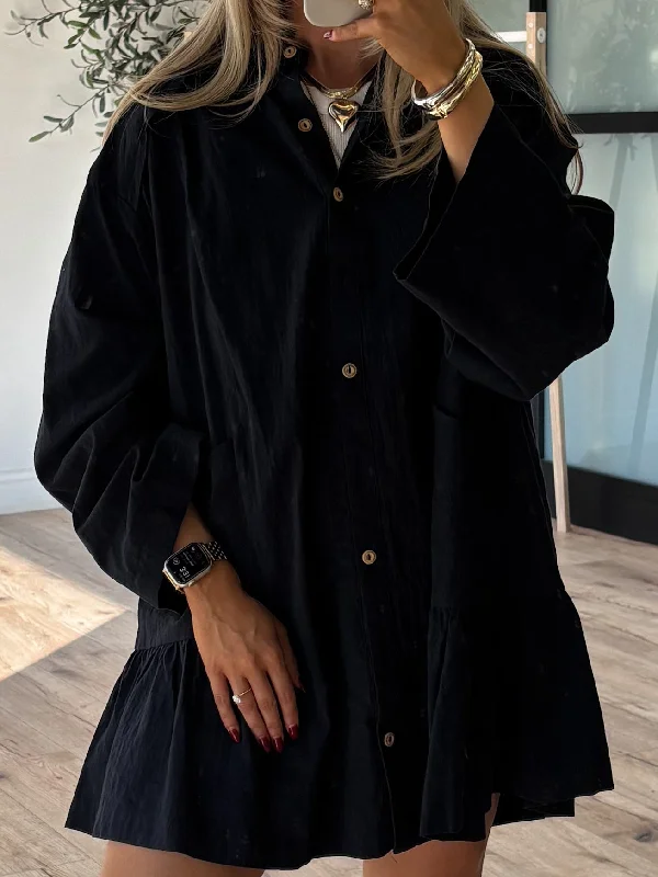 Zoe Flounce Shirt Dress | Black Long Shirt Dress