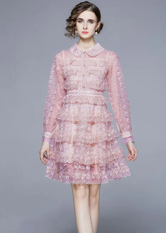 New Pink Ruffled Lace Button Patchwork Tulle Mid Dress Summer Vintage Tulle Dress