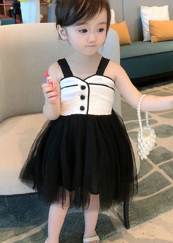 Art Black Wrinkled Patchwork Tulle Kids Girls Dress Sleeveless Tulle Dress Silhouette